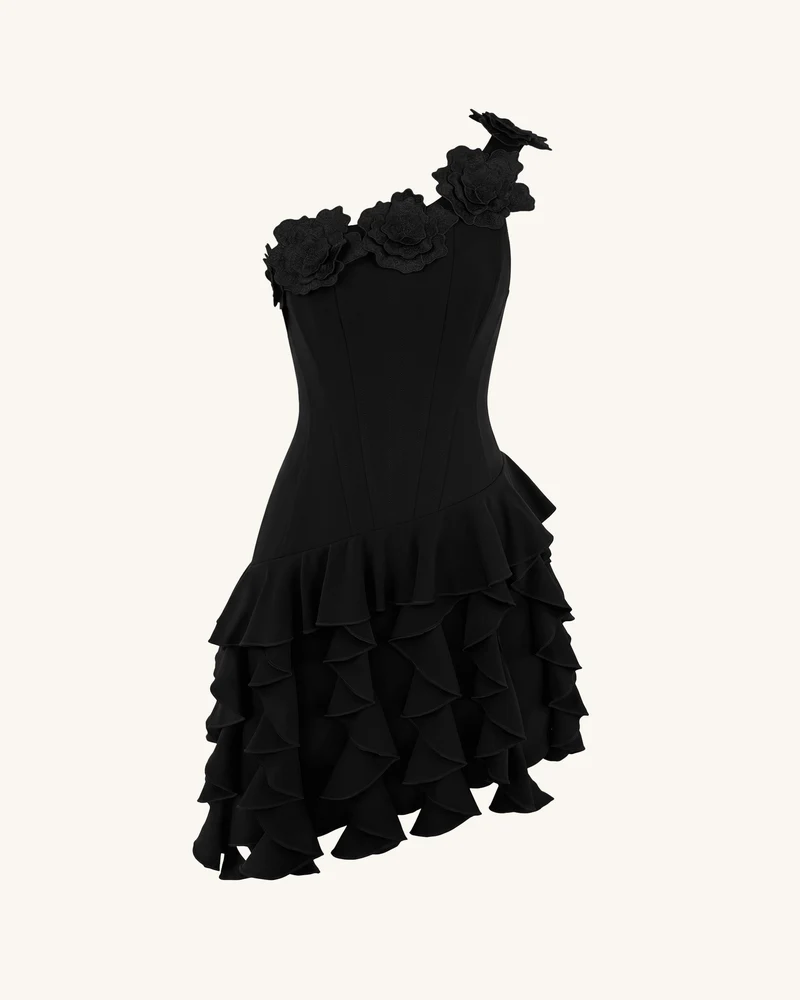 One-Shoulder-Minikleid im Korsett-Stil mit Blumenstickerei - Schwarz