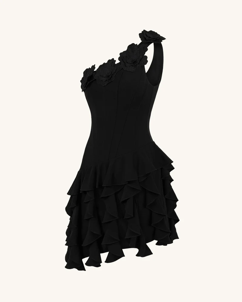 One-Shoulder-Minikleid im Korsett-Stil mit Blumenstickerei - Schwarz
