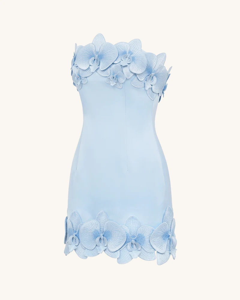 Trägerloses Minikleid mit Orchideen-Verzierung - Blau