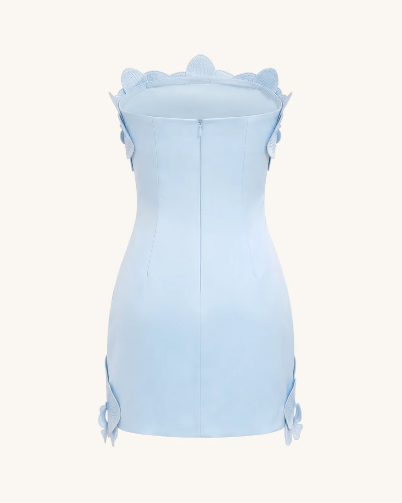 Trägerloses Minikleid mit Orchideen-Verzierung - Blau