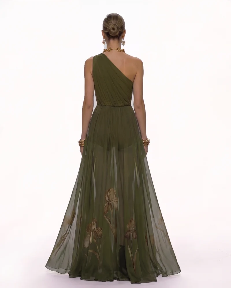 Florales One-Shoulder-Maxikleid - Olivgrün