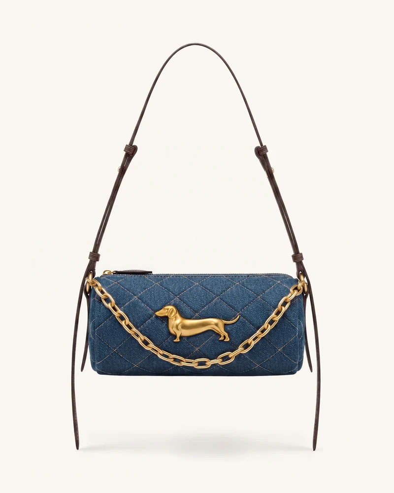 Lucienne Gesteppte Dackel-Schultertasche mit Kette - Blue Denim