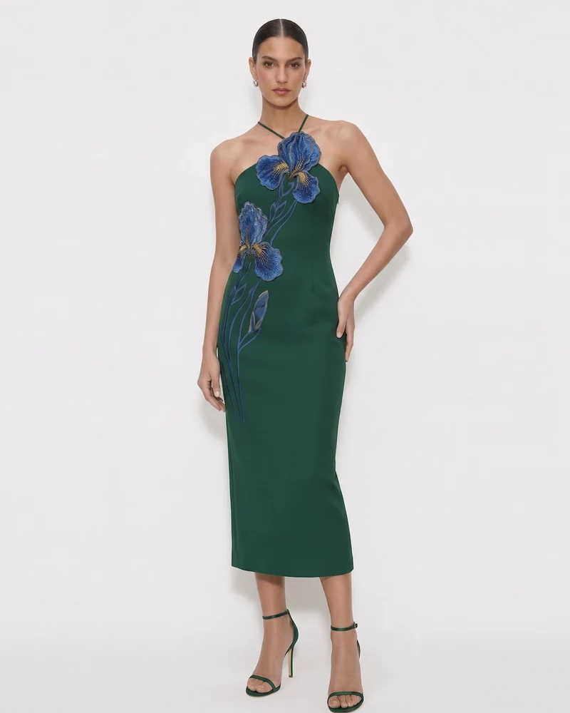 Iris Besticktes Midi-Kleid mit Neckholder - Dunkelgrün
