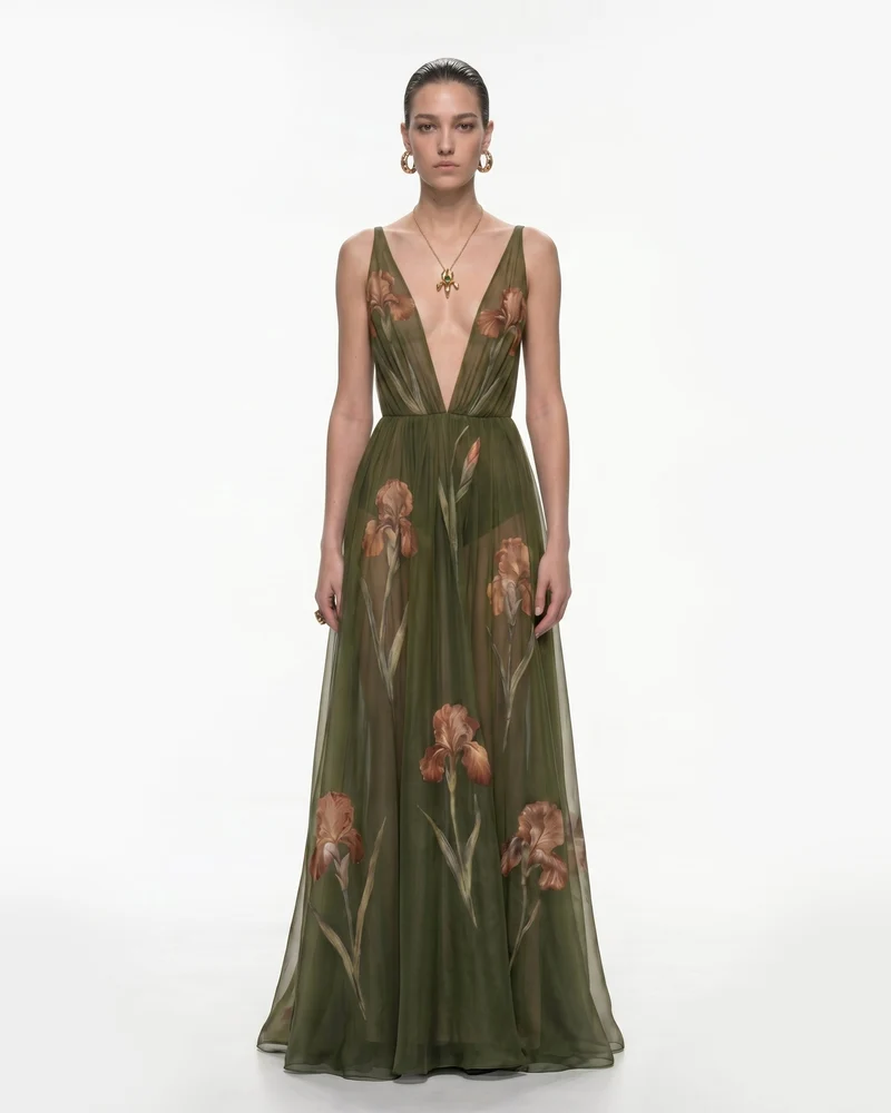 Transparentes Maxikleid mit Blumenmuster - Olivgrün