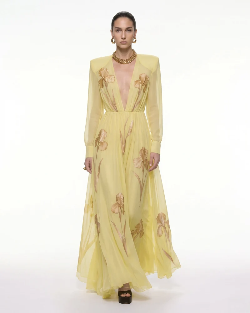 Iris Langärmliges, transparentes Kleid mit Blumenmuster - Gelb