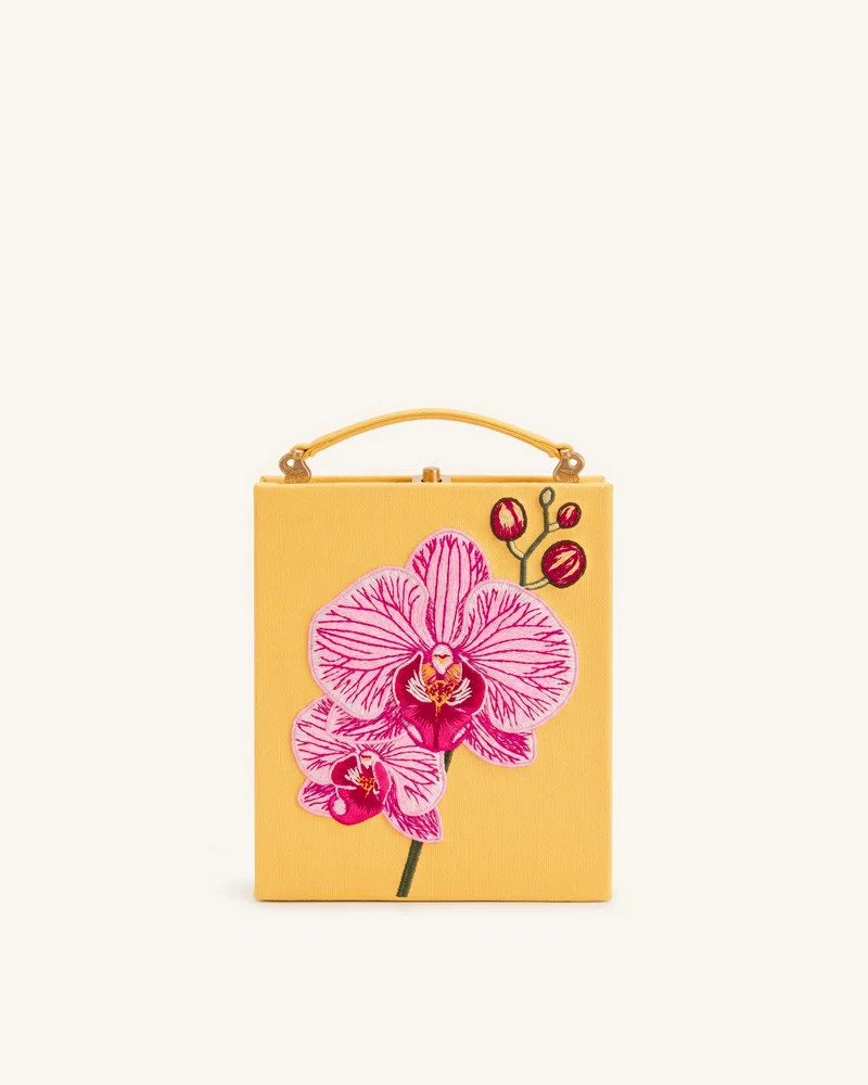Taya Clutch in Buchform mit Orchideenmotiv - Gelb
