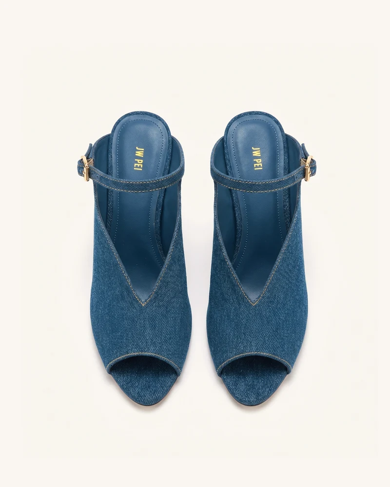 Alivia Peep-Toe-Heels mit goldfarbenem Metalldetail - Denimblau
