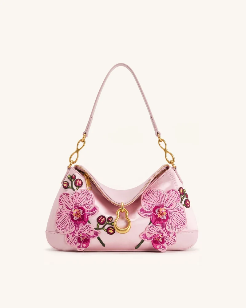 Jayla Schultertasche mit Orchideen-Stickerei und Metallanhänger - Pink