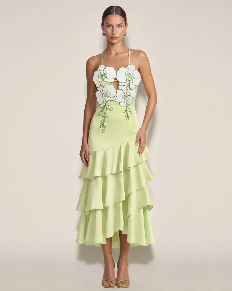 Midikleid mit Orchideen-Verzierung und Rüschen - Hellgrün