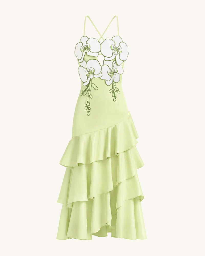 Midikleid mit Orchideen-Verzierung und Rüschen - Hellgrün