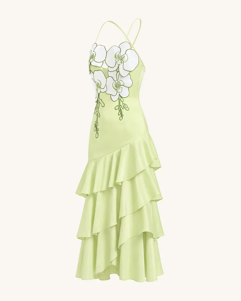 Midikleid mit Orchideen-Verzierung und Rüschen - Hellgrün