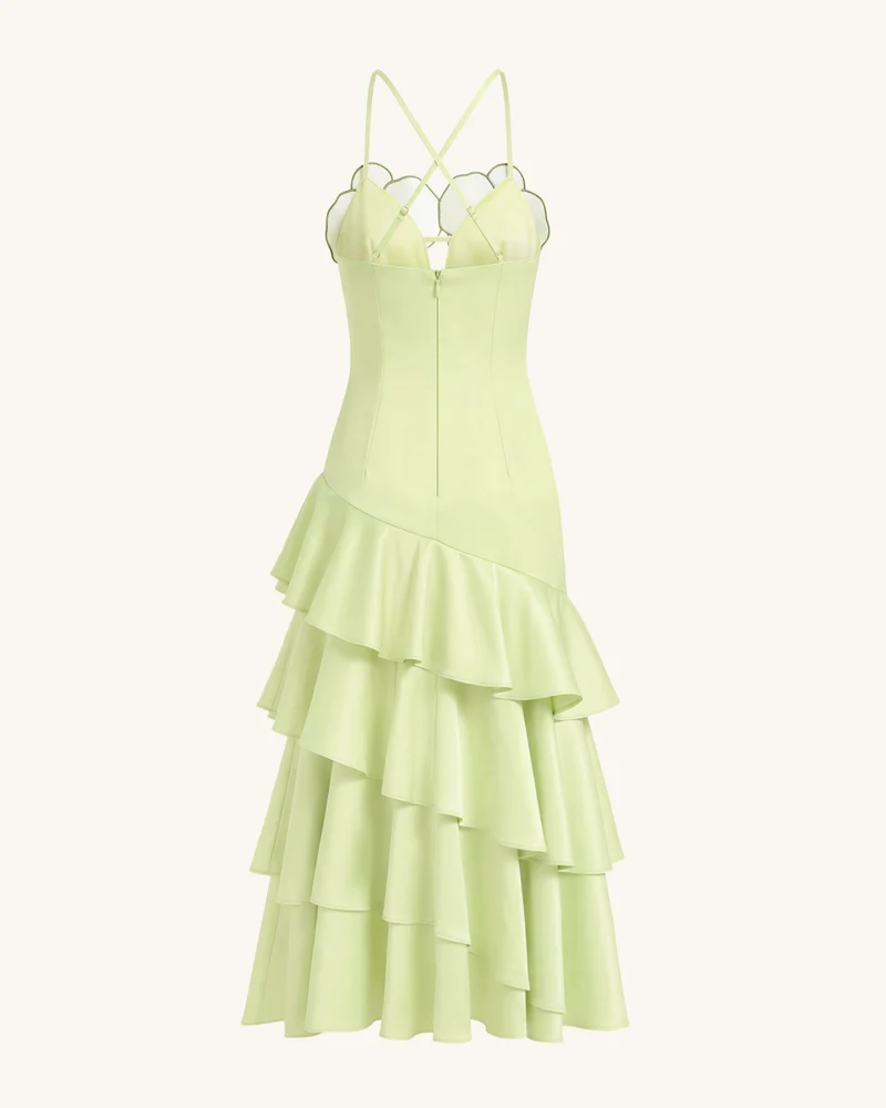Midikleid mit Orchideen-Verzierung und Rüschen - Hellgrün