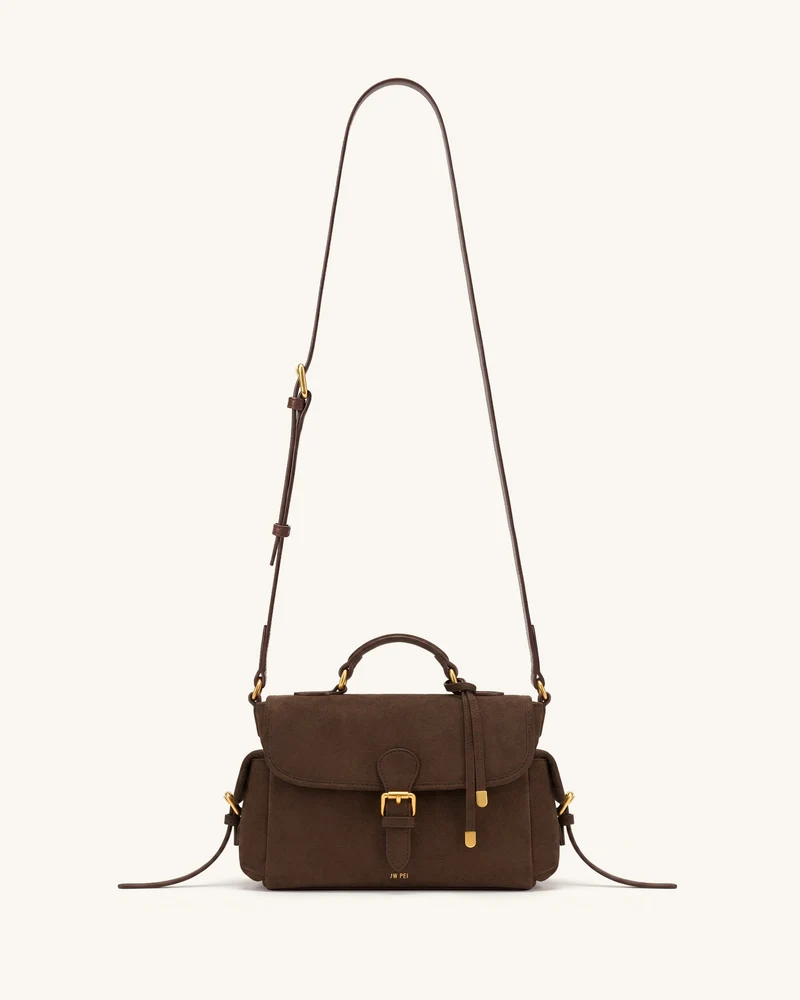 Marina Crossbody-Tasche mit Klappe aus Wildlederimitat, mehreren Taschen und Tragegriff - Dunkelbraun