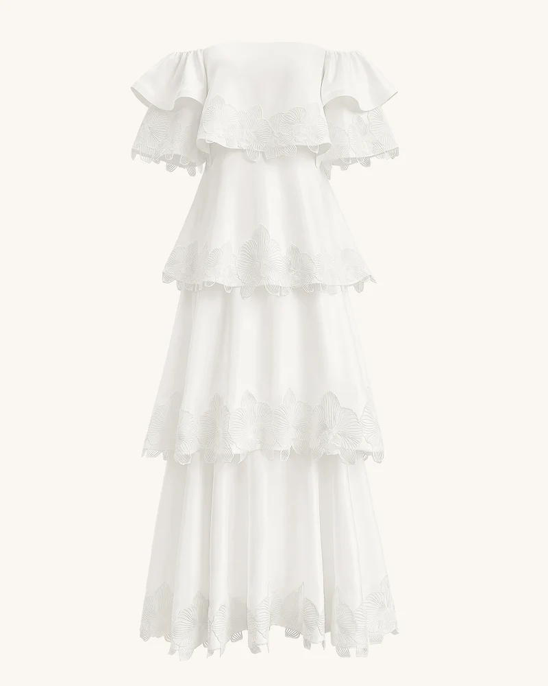 Schulterfreies Stufen-Maxikleid mit Orchideen-Stickerei - Weiß
