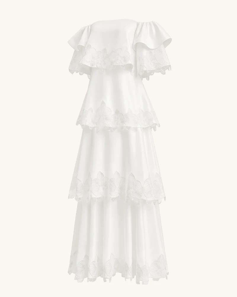 Schulterfreies Stufen-Maxikleid mit Orchideen-Stickerei - Weiß