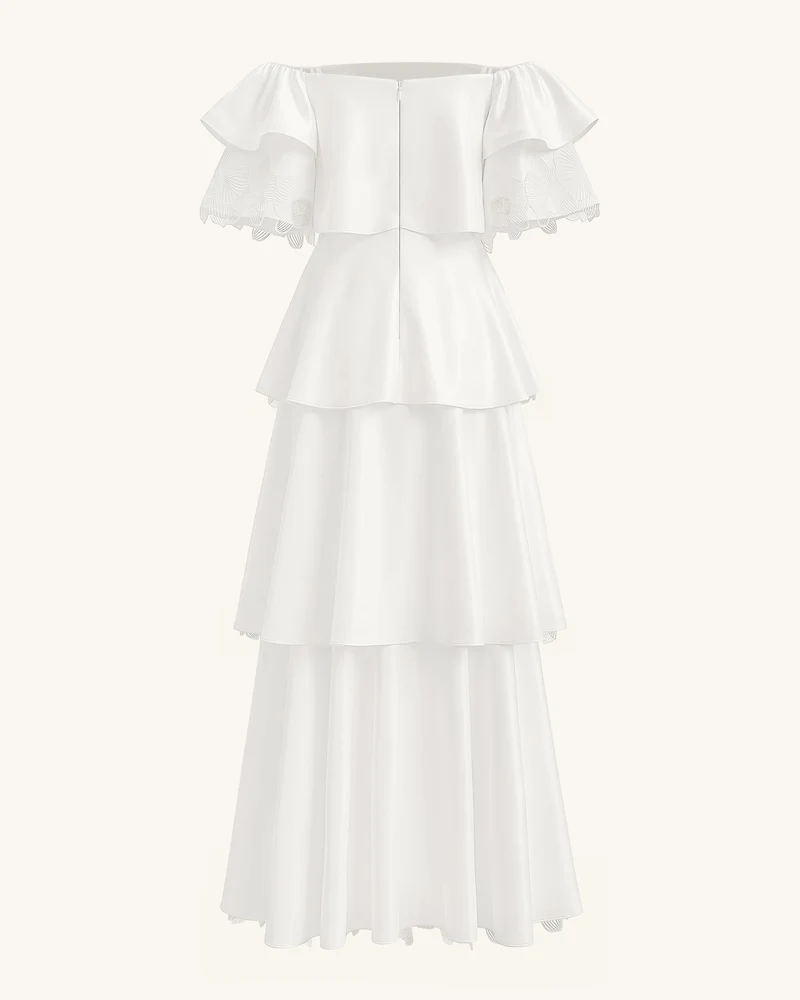 Schulterfreies Stufen-Maxikleid mit Orchideen-Stickerei - Weiß