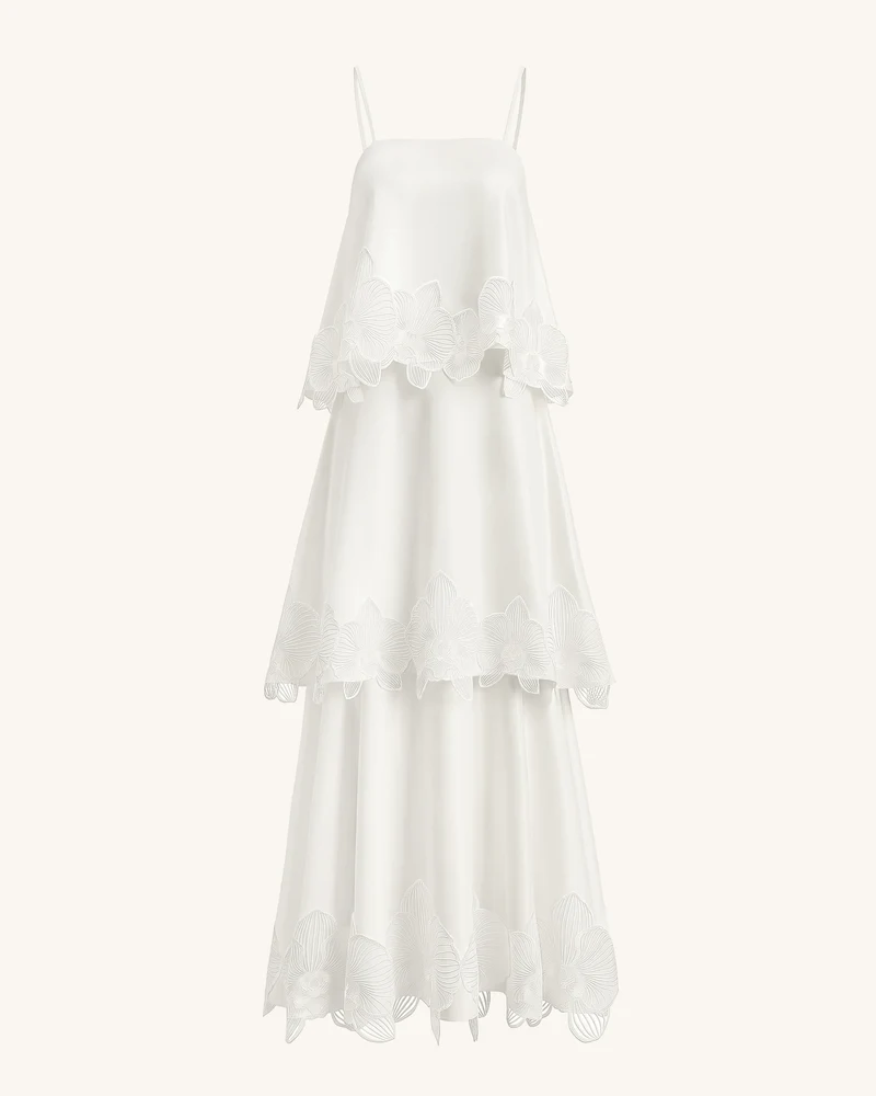 Gestuftes Maxikleid mit Orchideen-Stickerei - Weiß