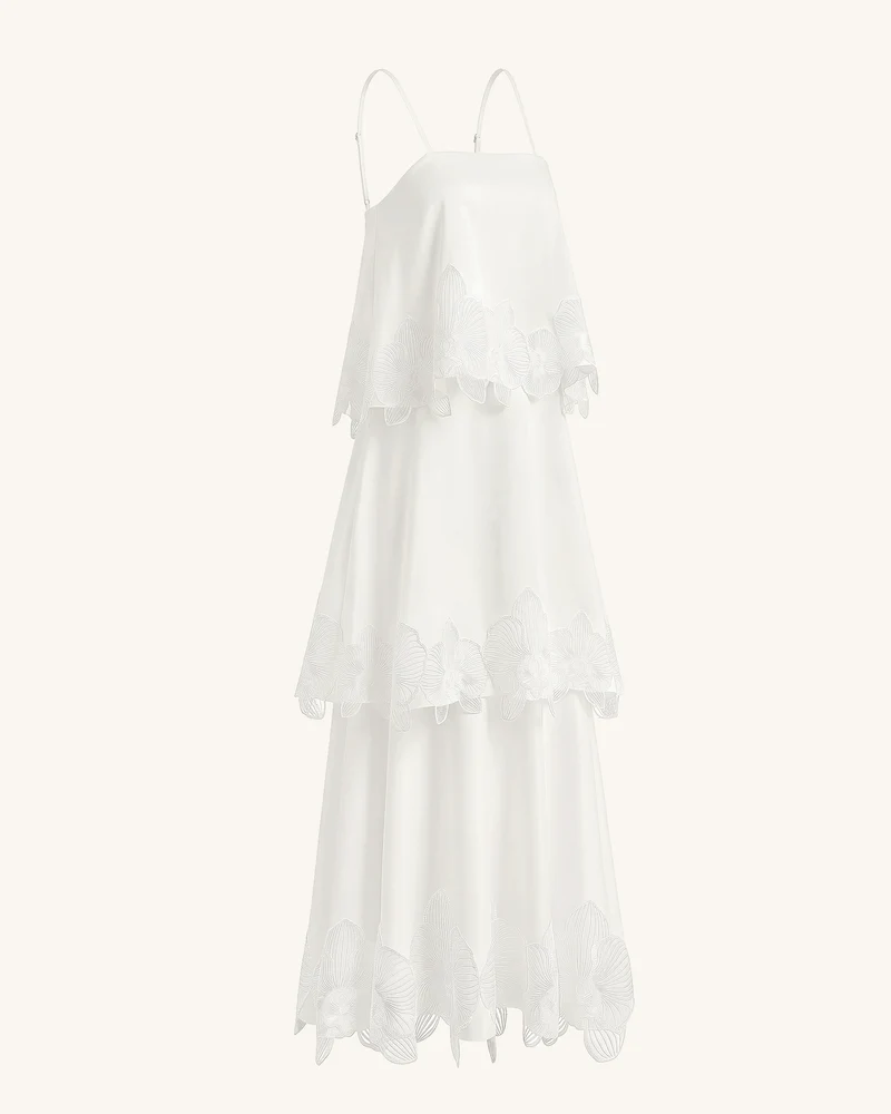 Gestuftes Maxikleid mit Orchideen-Stickerei - Weiß