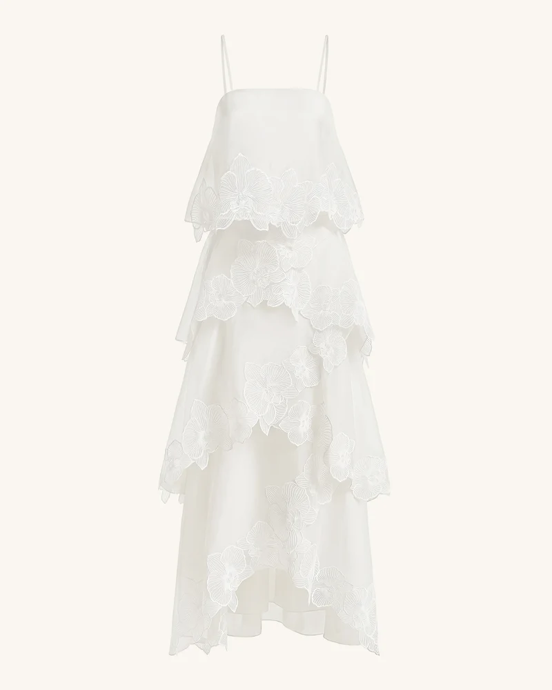 Mehrlagiges Maxikleid mit Orchideen-Stickerei - Weiß