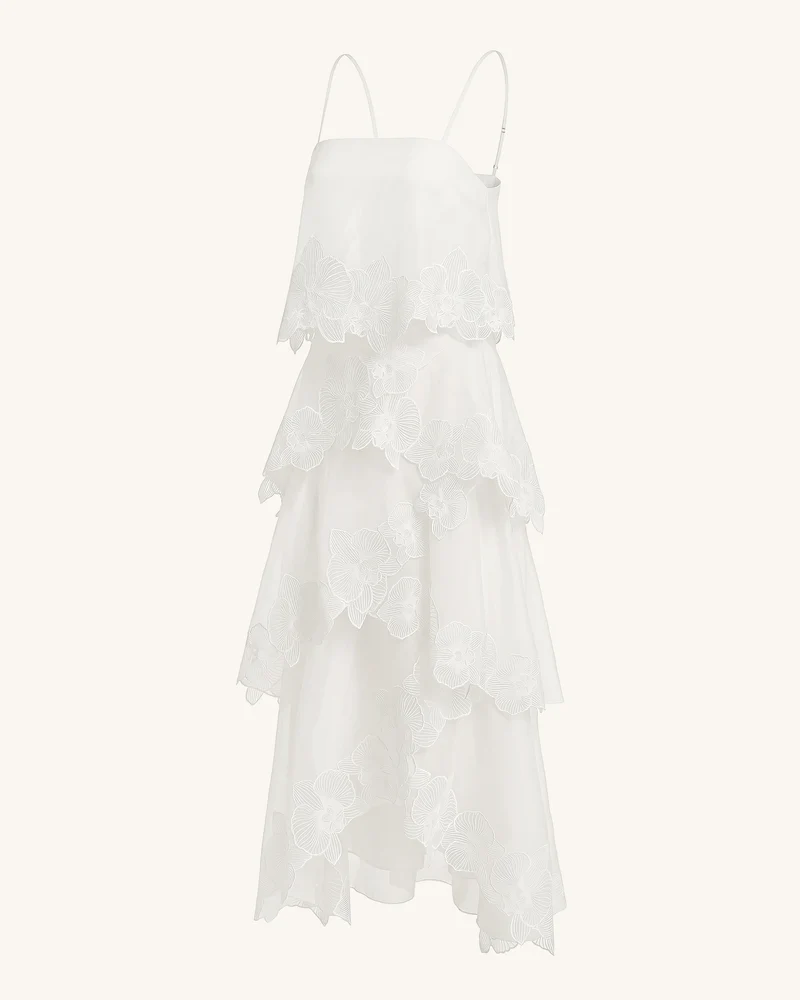 Mehrlagiges Maxikleid mit Orchideen-Stickerei - Weiß