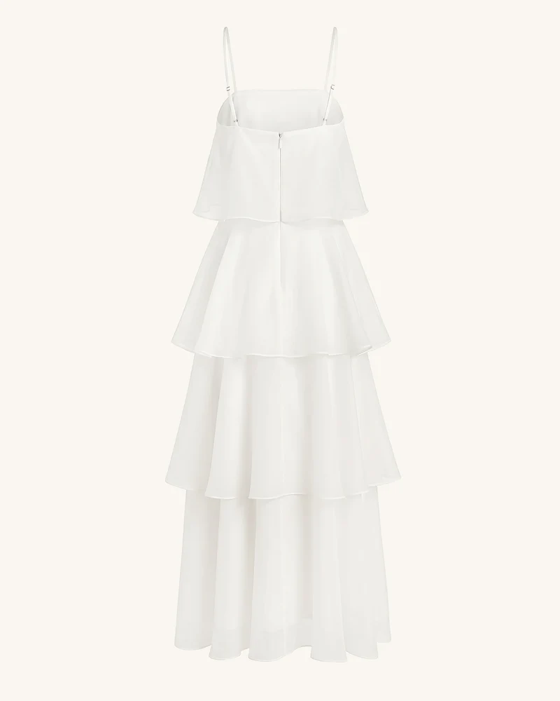 Mehrlagiges Maxikleid mit Orchideen-Stickerei - Weiß