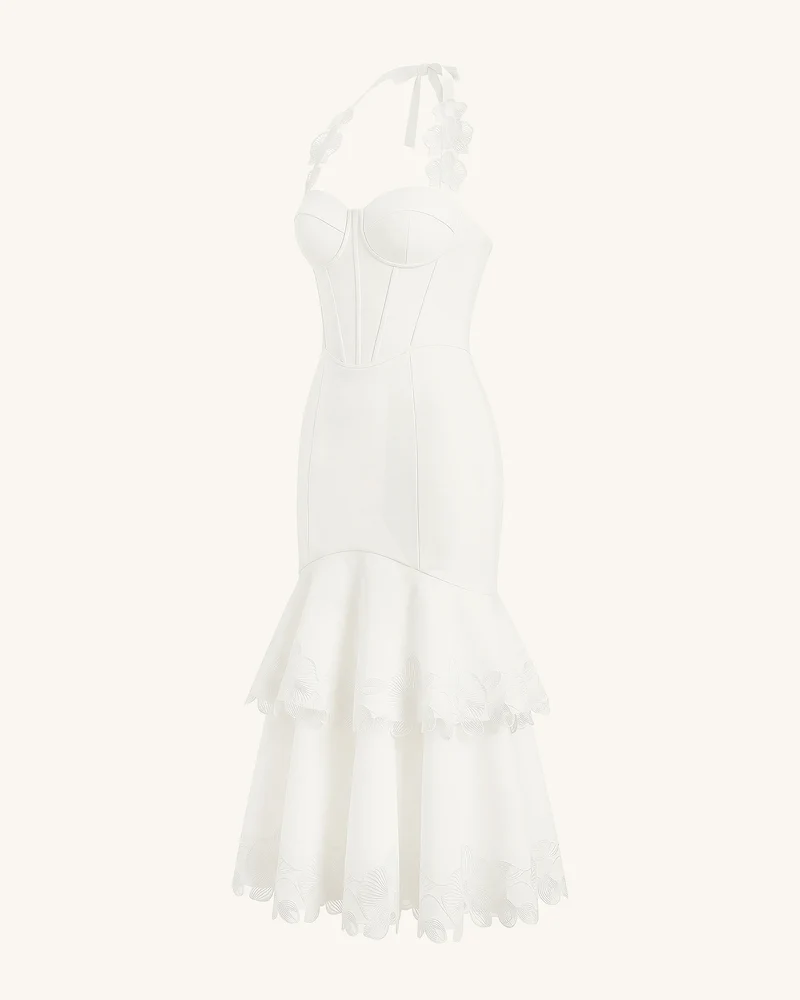 Neckholder-Korsett-Midikleid mit Orchideen-Stickerei - Weiß