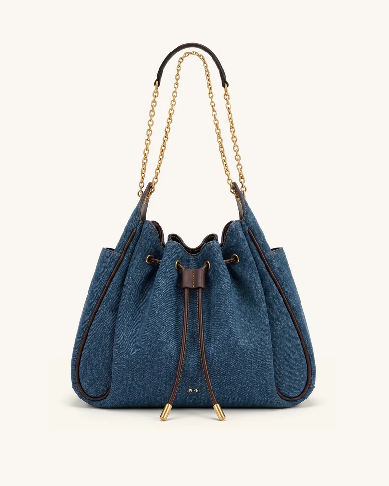 Rowan Geraffte Beuteltasche mit Kordelzug und Kette - Dunkelblaues Denim