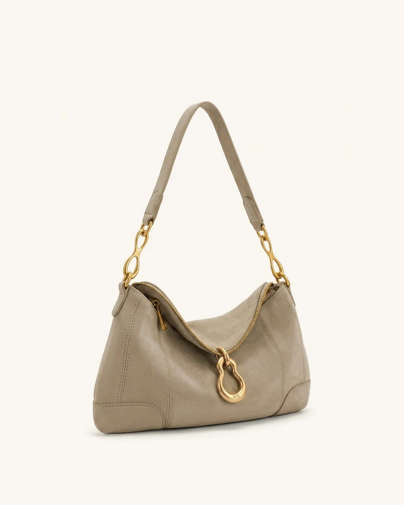 Jayla Schultertasche aus Wildlederimitat mit Metallanhänger-Verzierung - Grau
