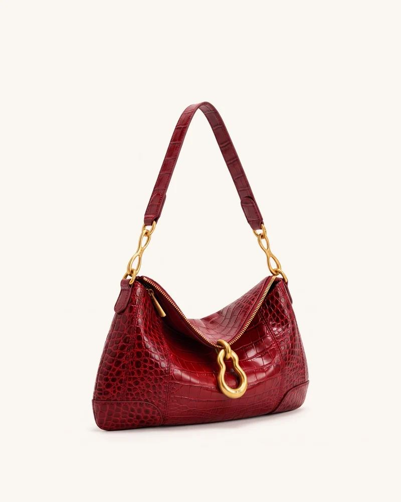Jayla Schultertasche mit Metallanhänger-Verzierung - Rote Krokoprägung
