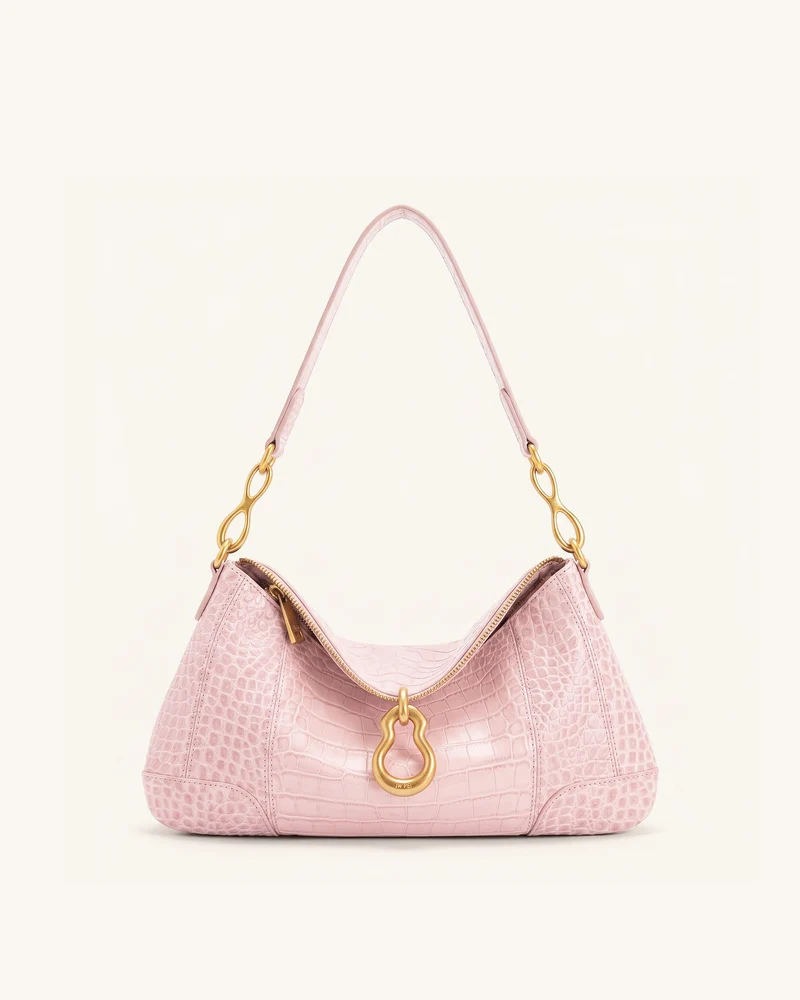 Jayla Schultertasche mit Metallanhänger-Verzierung - Pinke Krokoprägung