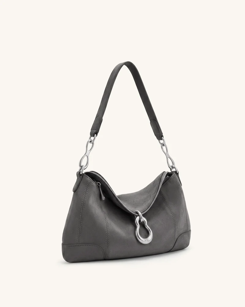 Jayla Schultertasche aus Wildlederimitat mit Metallanhänger-Verzierung - Dunkelgrau