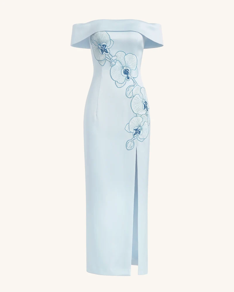 Schulterfreies Maxikleid mit Orchideen-Stickerei - Blau