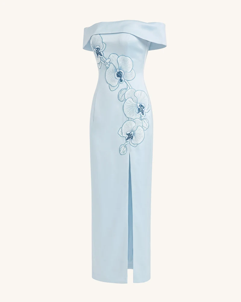 Schulterfreies Maxikleid mit Orchideen-Stickerei - Blau