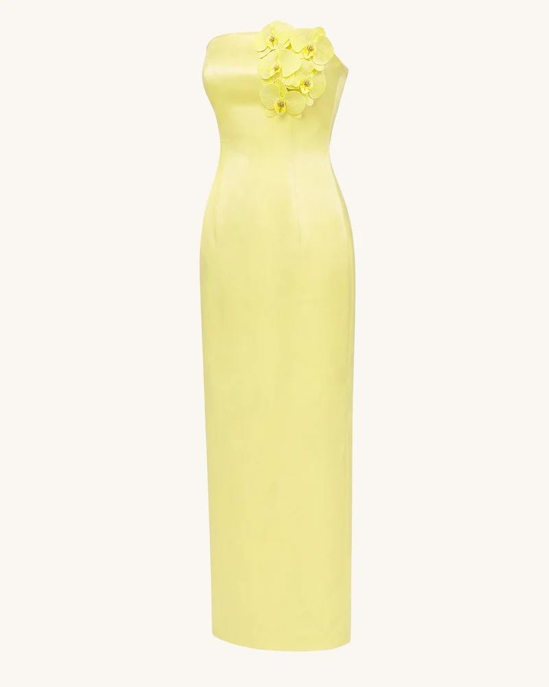 Trägerloses Maxikleid mit Orchideen-Verzierung - Gelb