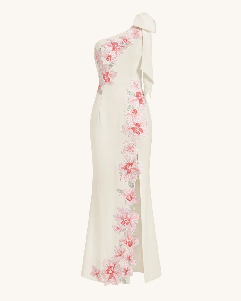 One-Shoulder-Maxikleid mit Blumenstickerei - Elfenbein