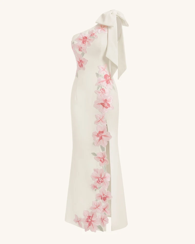One-Shoulder-Maxikleid mit Blumenstickerei - Elfenbein