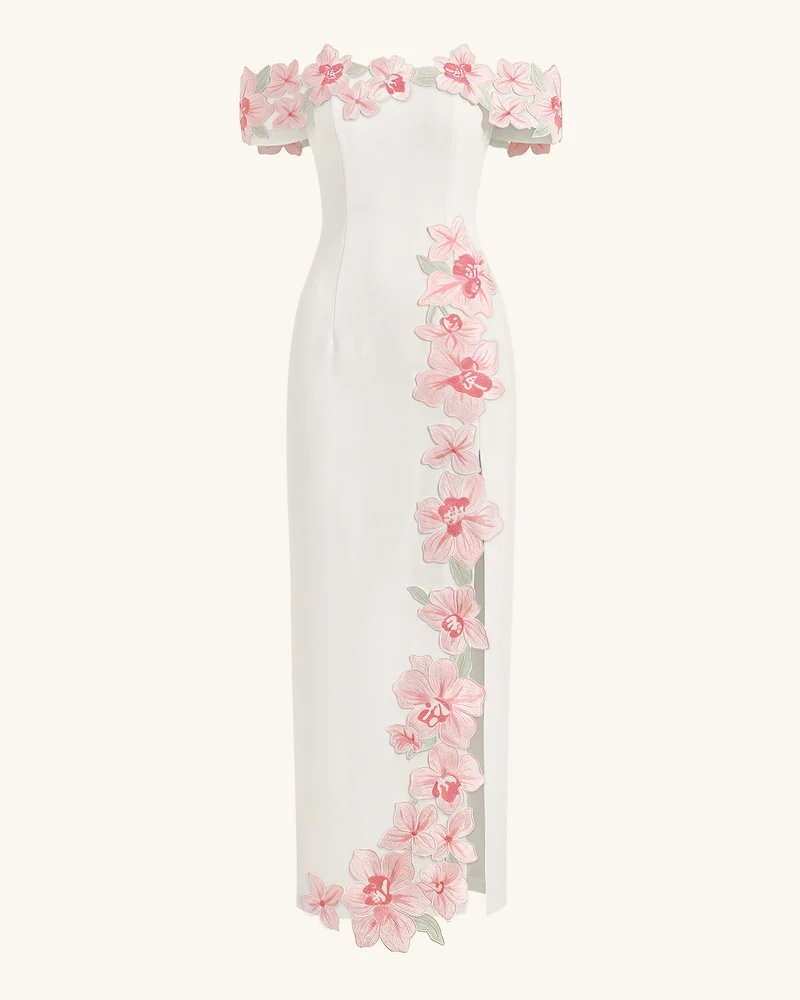 Schulterfreies Maxikleid mit Blumenstickerei - Elfenbein
