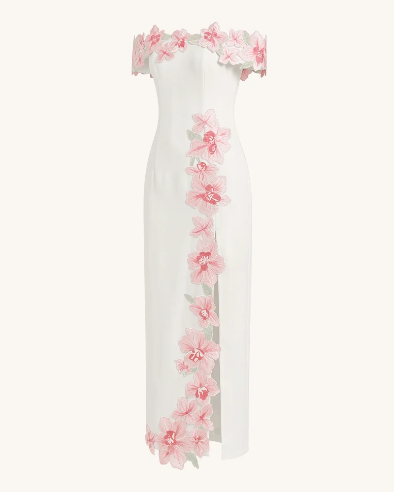 Schulterfreies Maxikleid mit Blumenstickerei - Elfenbein