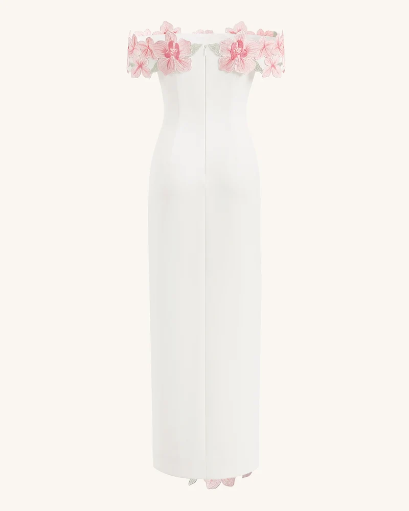 Schulterfreies Maxikleid mit Blumenstickerei - Elfenbein