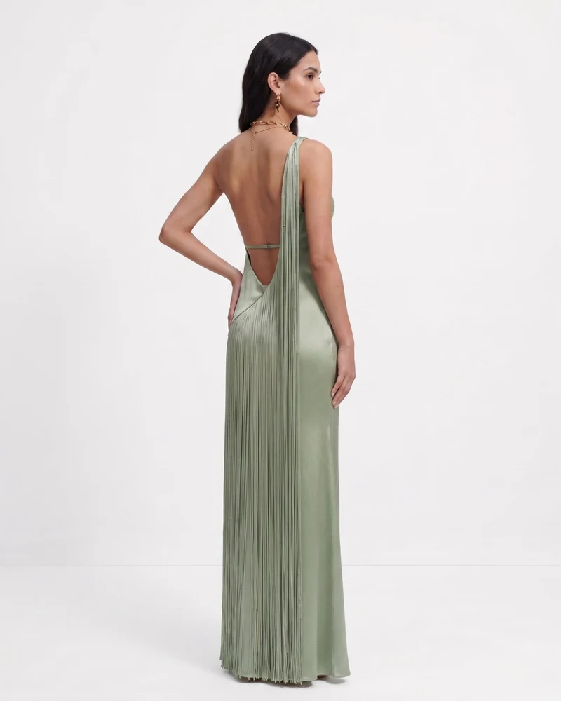 Fransen-One-Schulter-Maxikleid - Salbeigrün