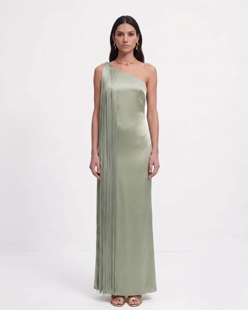 Fransen-One-Schulter-Maxikleid - Salbeigrün