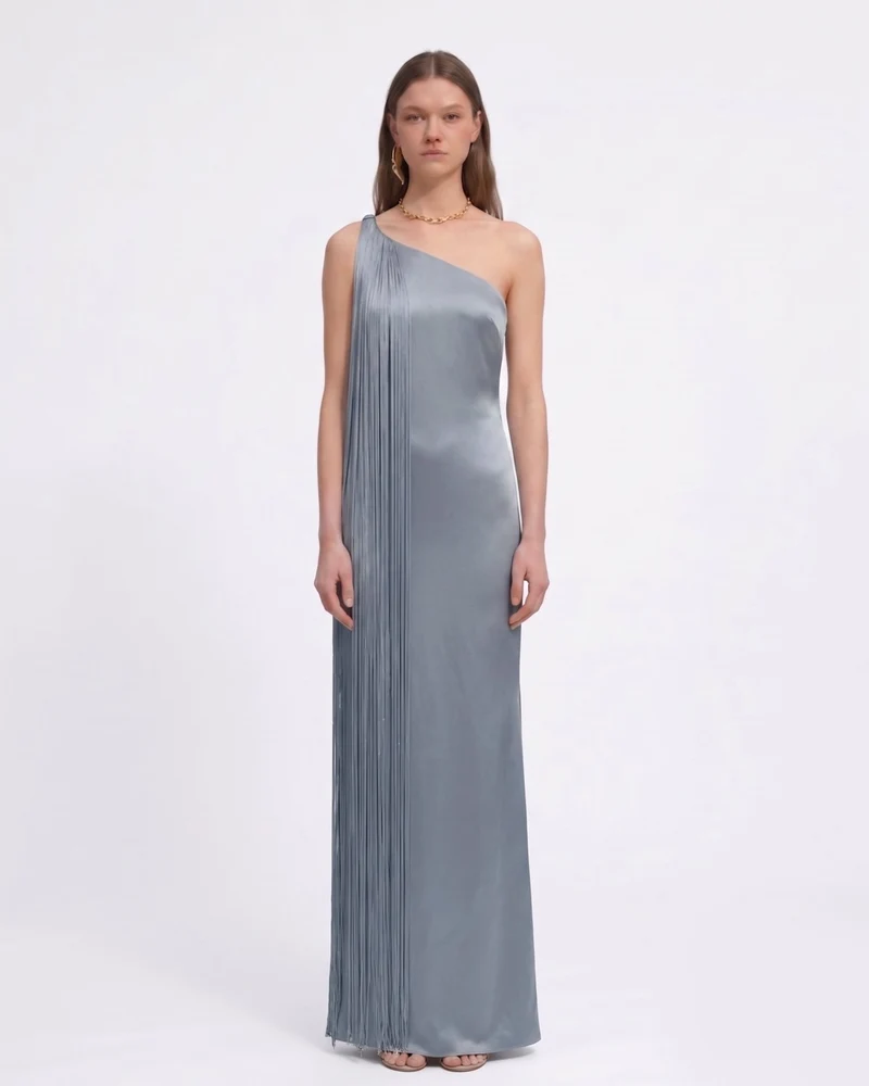 Fransen-One-Schulter-Maxikleid - Nebelblau