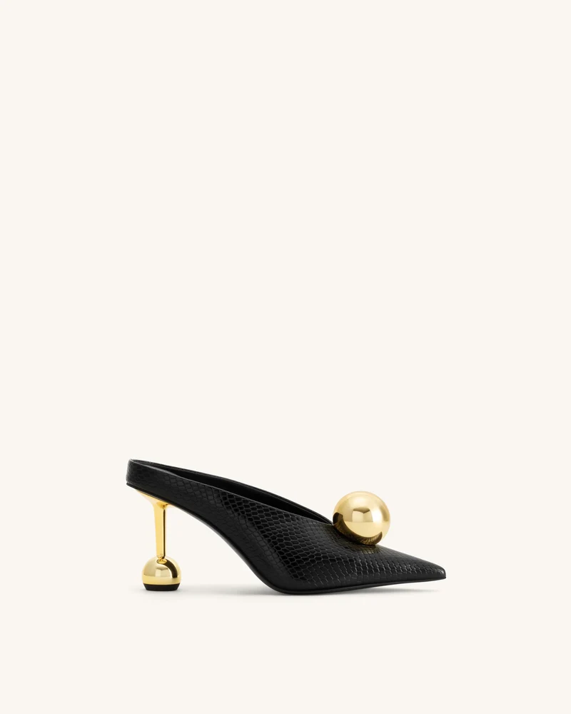 Sofia Mules mit Absatz und schrägem Rist in Schlangenleder-Optik – Schwarz