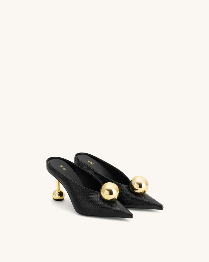 Sofia Mules mit Absatz und schrägem Rist in Schlangenleder-Optik – Schwarz