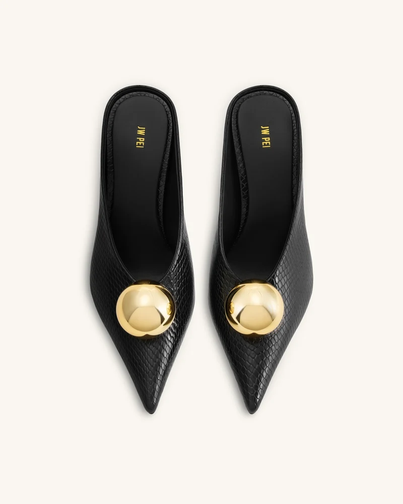 Sofia Mules mit Absatz und schrägem Rist in Schlangenleder-Optik – Schwarz