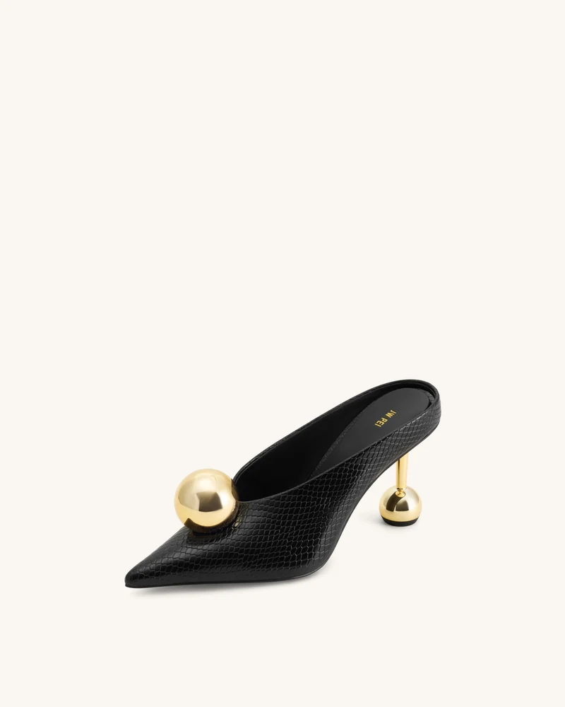 Sofia Mules mit Absatz und schrägem Rist in Schlangenleder-Optik – Schwarz