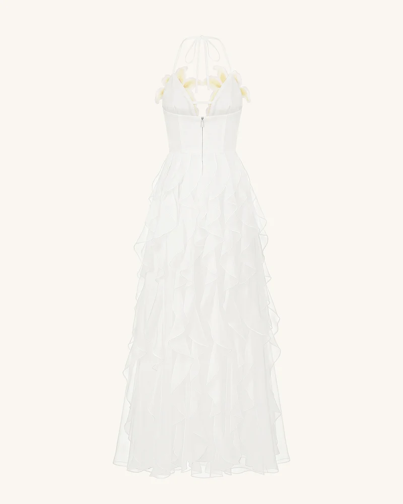Gestuftes Neckholder-Maxikleid mit Lily-Stickerei - Weiß