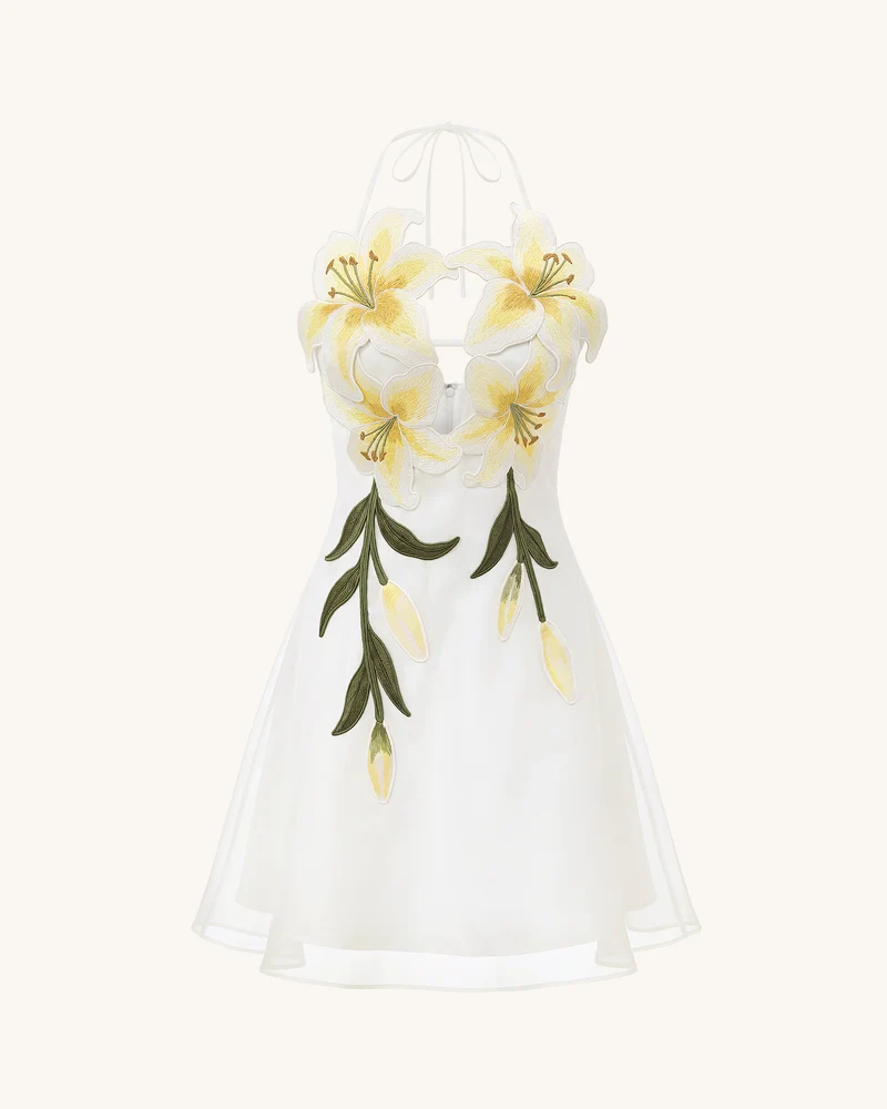 Neckholder-Minikleid mit Lily-Stickerei - Weiß