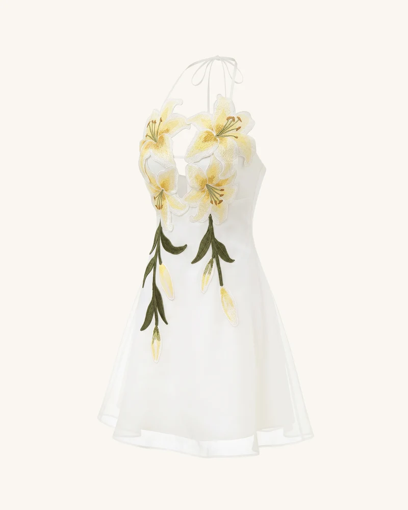 Neckholder-Minikleid mit Lily-Stickerei - Weiß