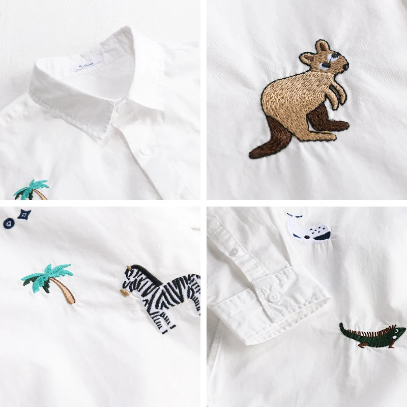 Damen Lockeres Baumwollhemd mit handgestickten Safari-Motiven Nord Taschen